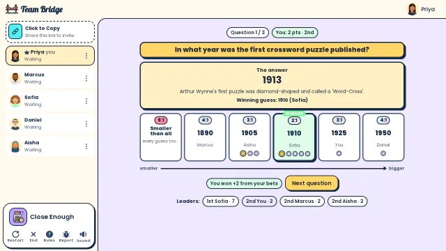 The answer is 1913: Sofia’s guess of 1910 wins the crossword question, and everyone who bet on her collects chips