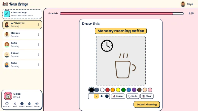 Priya draws the prompt “Monday morning coffee”