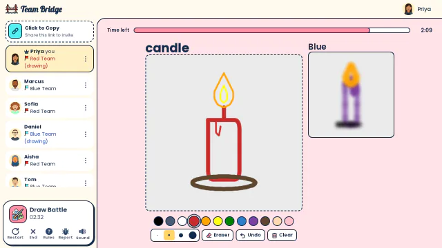 Priya draws a candle for Red while Blue’s drawing of the same word shows blurred beside it