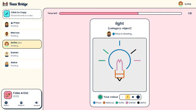 The finished drawing of “light”: every player added one stroke in their colour, and one of them is faking it