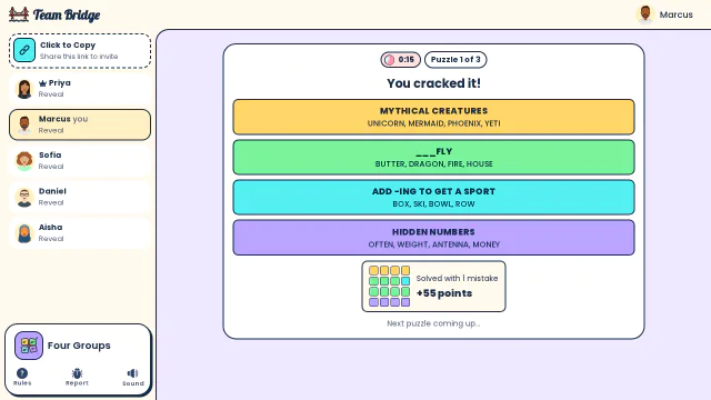 Puzzle cracked: mythical creatures, ___fly, add -ING to get a sport and hidden numbers, solved with 1 mistake for +55 points