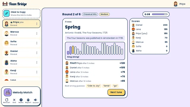 The reveal: it was Vivaldi’s “Spring”. Priya got it first after 5 notes, and the sing-along plays the whole phrase