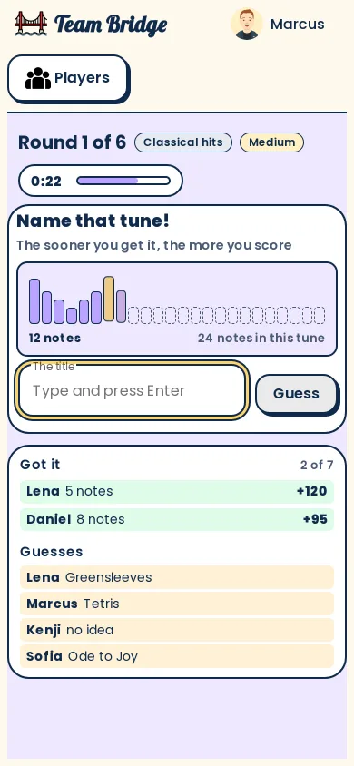 Playing on a phone: the note row lights up as the tune plays, with who got it and the wrong guesses below