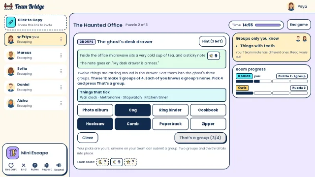 The Koalas sort the ghost’s desk drawer: one group found, and Priya picks the three things she thinks have teeth