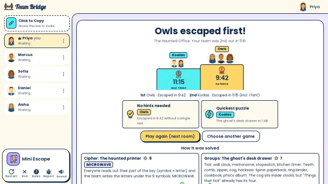The Owls escape the Haunted Office first in 9:42, and the end screen shows how every puzzle was solved