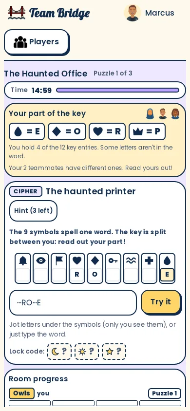 On his phone Marcus holds four symbols of the cipher key and jots the letters he knows under the code
