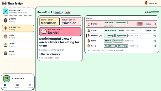 The reveal: Daniel was the Mole with the decoy brief “Triathlon” (Wetsuit, Transition) and the crew caught him with 4 votes