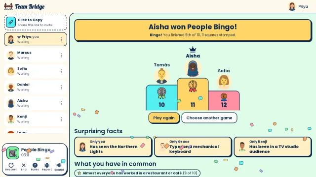 The results: Aisha got the first Bingo, then the surprising facts only one person has, like “Only Grace types on a mechanical keyboard”