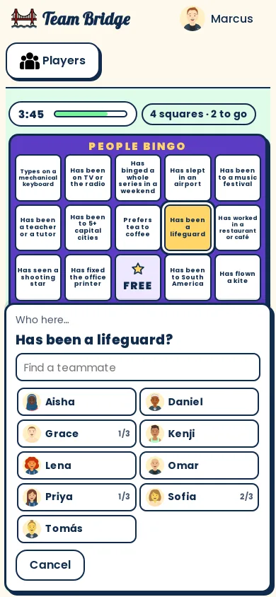 Playing on a phone: Marcus taps “Has been a lifeguard” and picks the teammate he thinks it is