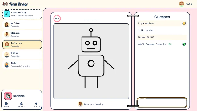 Marcus draws a robot while the team’s guesses come in, one of them close