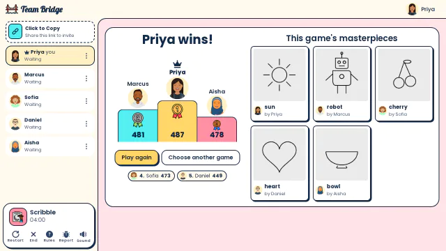 End of the game: the podium and every player’s drawing in the masterpieces gallery