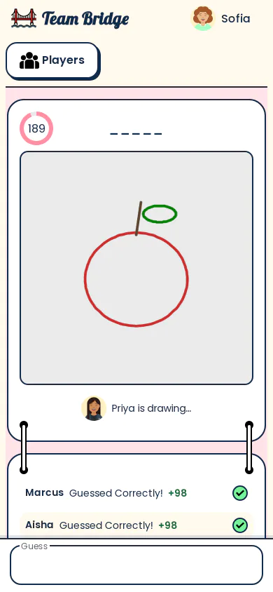 Guessing on a phone: Priya draws an apple and Marcus and Aisha get it right