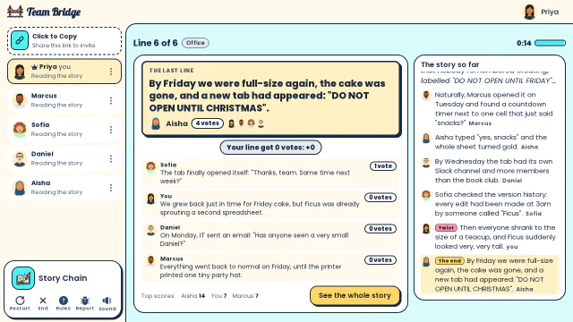 The last line wins 4 votes: Aisha ends the story with a new tab labelled “DO NOT OPEN UNTIL CHRISTMAS”