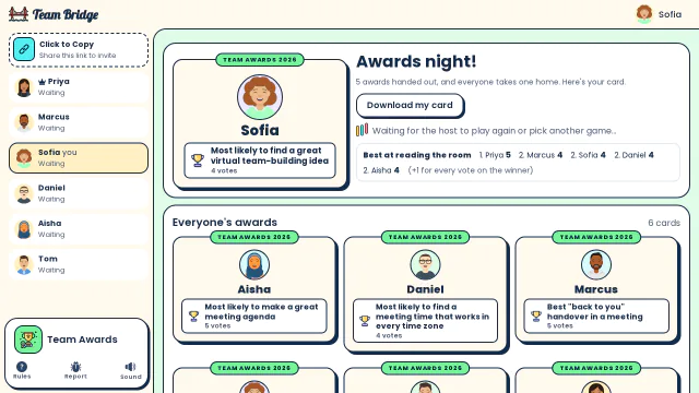 Awards night: Sofia’s award card on top, and every teammate’s card from the game below