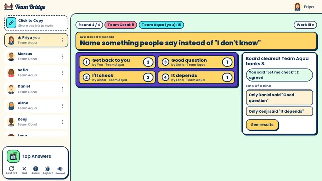 The reveal for “Name something people say instead of ‘I don’t know’”: Team Aqua clears the board (Get back to you 3, I’ll check 3) and banks 8 points