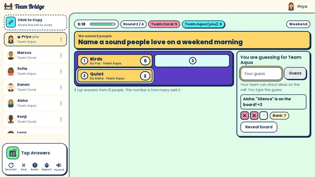 Team Aqua guesses a sound 8 people love on a weekend morning: Birds (5) and Quiet (2) are flipped, two strikes, one card to go