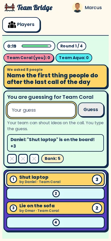 Playing on a phone: your turn to guess, the strikes, the bank and the board