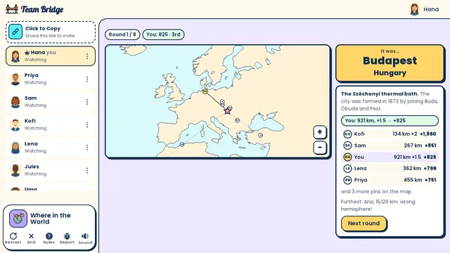The reveal: every pin with a line to the answer, the place and its landmark, and the round’s ranking
