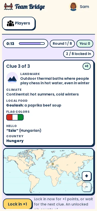 Playing on a phone: the clue card and the world map, with the Lock in button