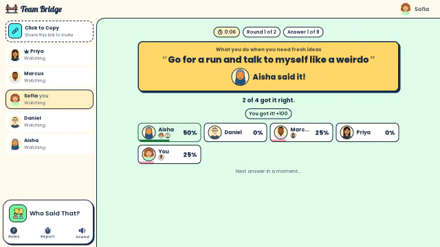 The reveal: Aisha wrote “Go for a run and talk to myself like a weirdo”, and Sofia guessed right for +100