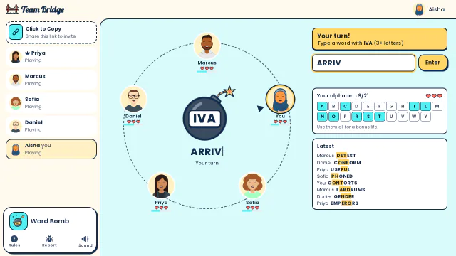 Aisha has the bomb and races to type ARRIVAL for the letters IVA while the team watches