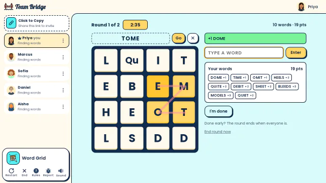 Priya drags across the letter grid to spell TOME, with ten words and 19 points already found this round